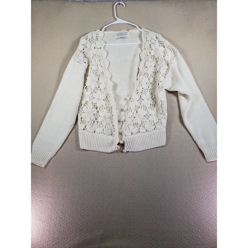 Vintage Melbourne Sweater Womens Large Beige Knit Long Sleeve Cardigan Floral